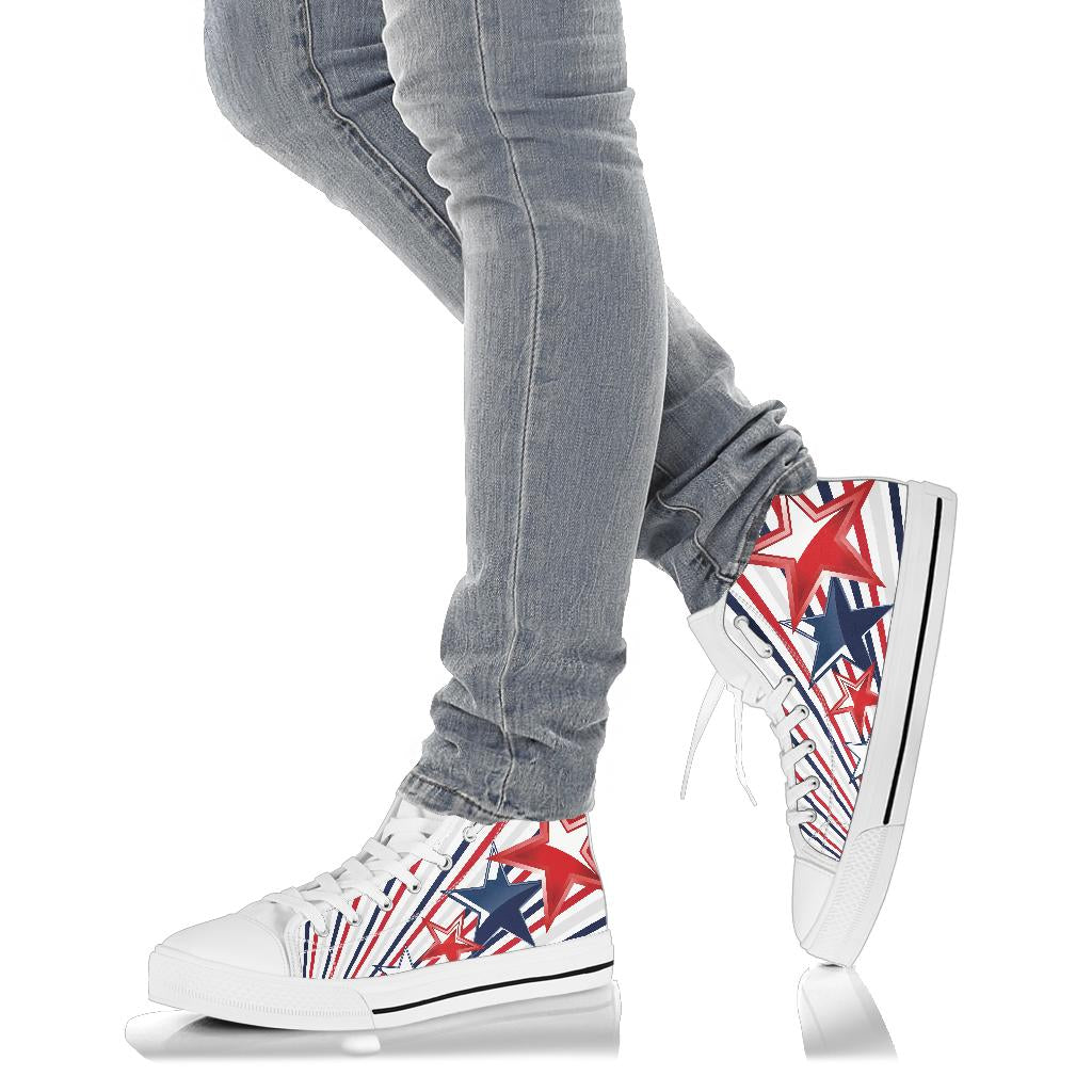 patriotic shoes, USA high top sneakers, red white blue shoes, stars