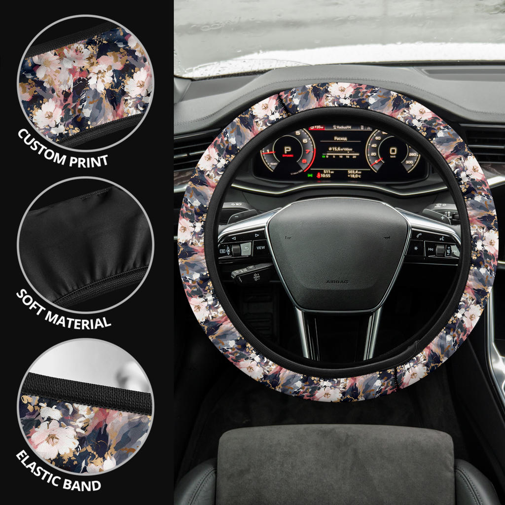 Black Pink Floral Steering Wheel Cover