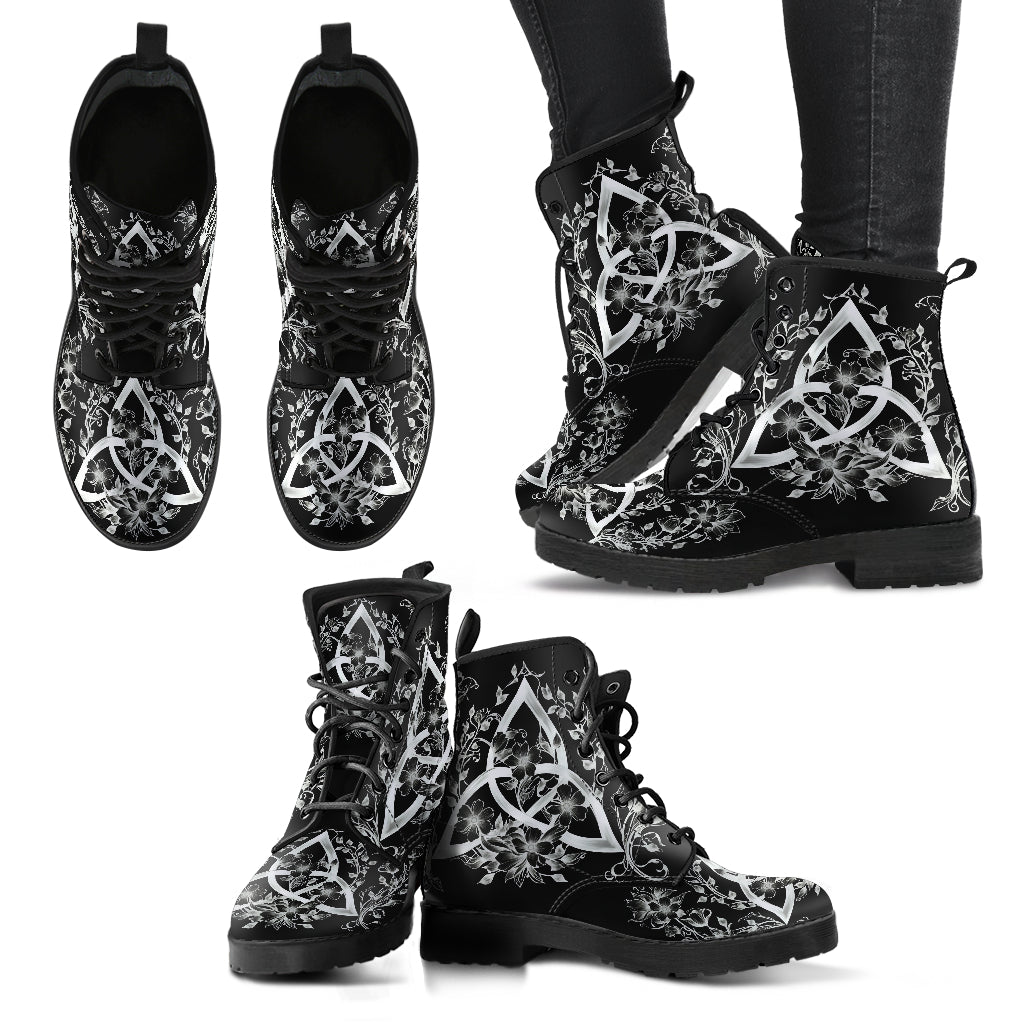 Black Floral Triquetra Vegan Ankle Boots