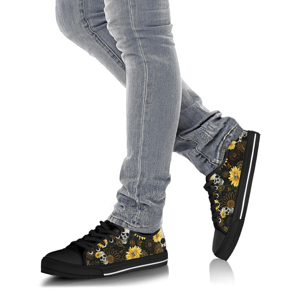 skulls and sunflowers sneakers, black low top shoes, Goth shoes, punk shoes