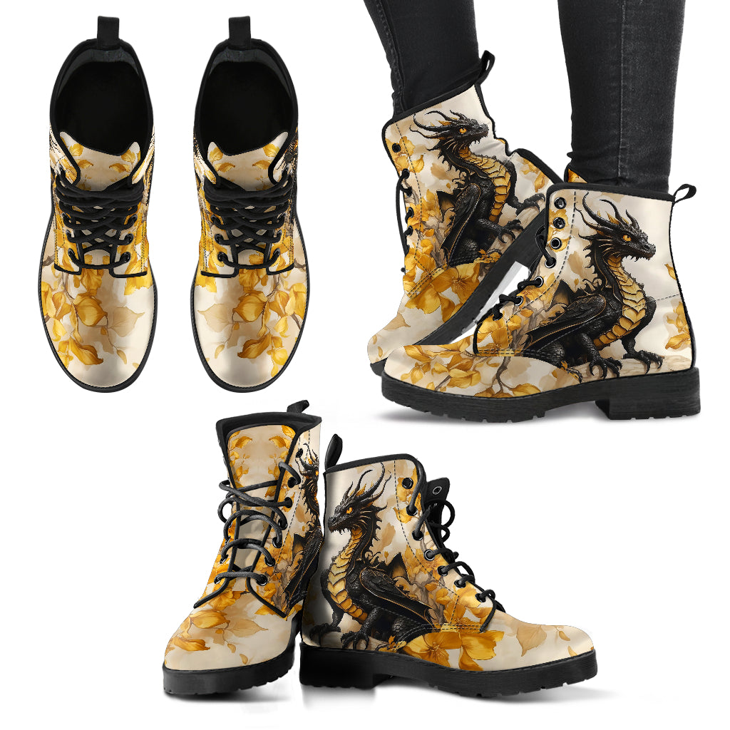 Black Gold Dragons Combat Boots Design #LN510