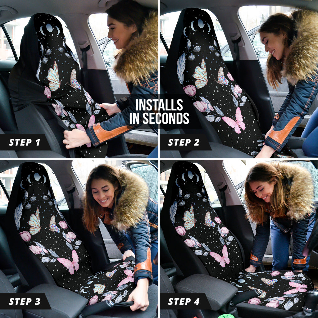 Pastel butterflies car seat covers, celestial, moon phases, witchy, blue, pink