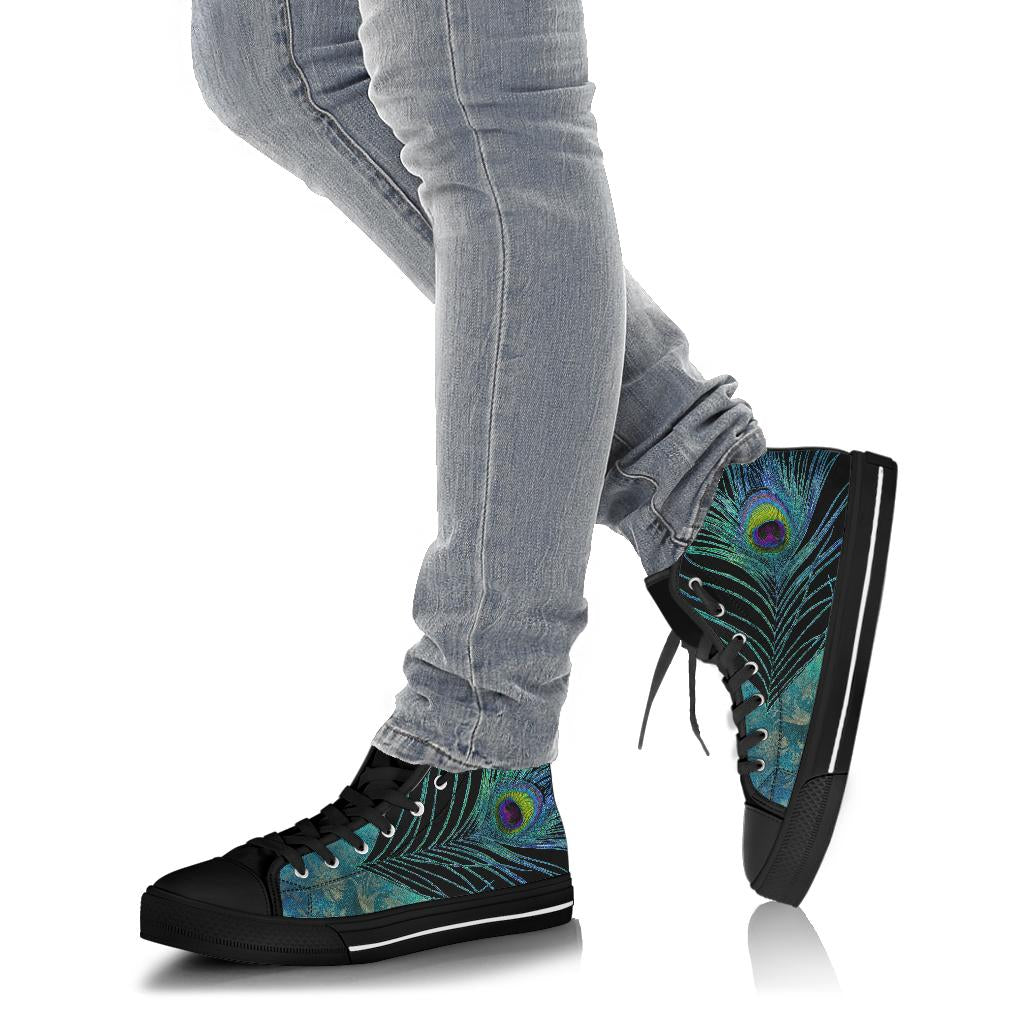 Teal Peacock Feather Black High Top Shoes Sneakers