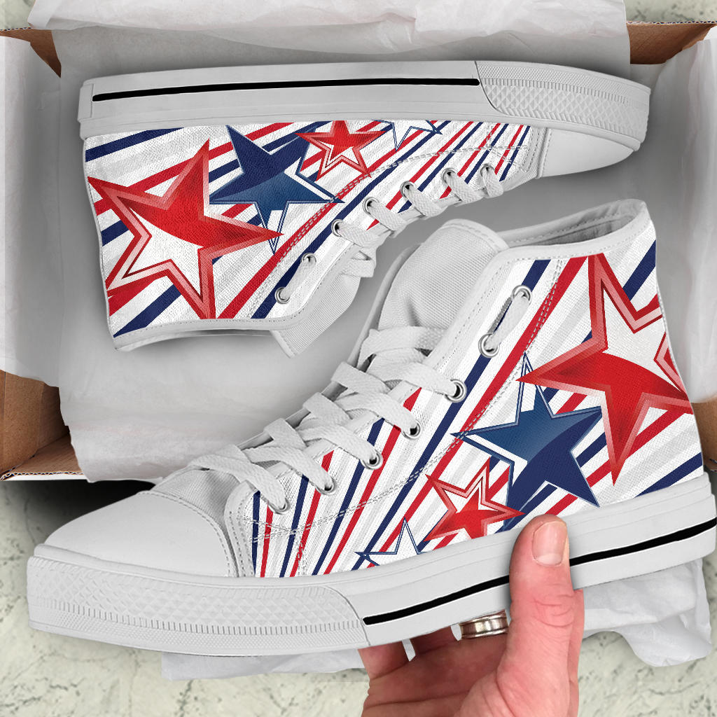 patriotic shoes, USA high top sneakers, red white blue shoes, stars