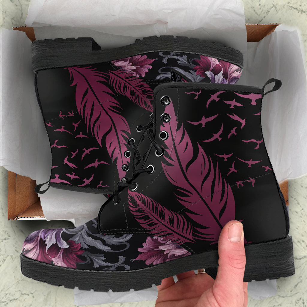 Burgundy Goth Feather Lace Up Ankle Boots, Floral Combat Boots
