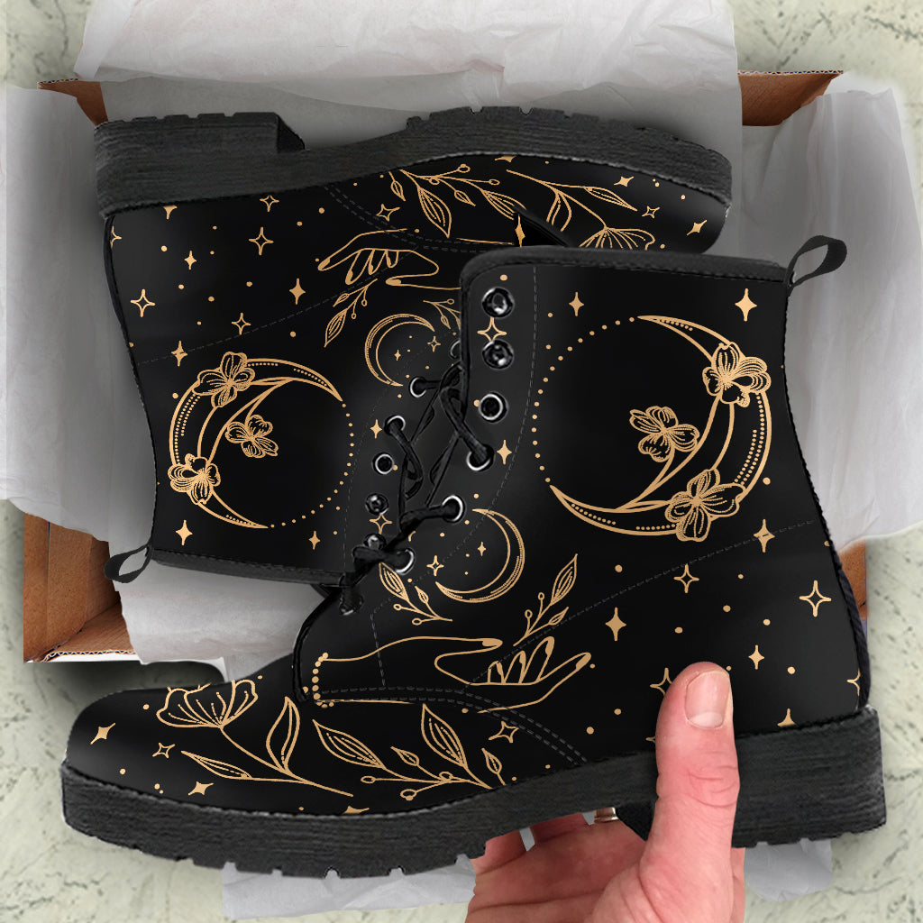 Witchy Moon Flowers Boots, Lace Up Vegan Ankle Boots