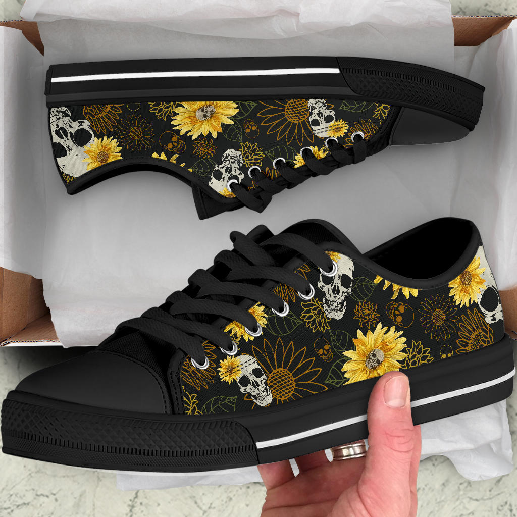 skulls and sunflowers sneakers, black low top shoes, Goth shoes, punk shoes