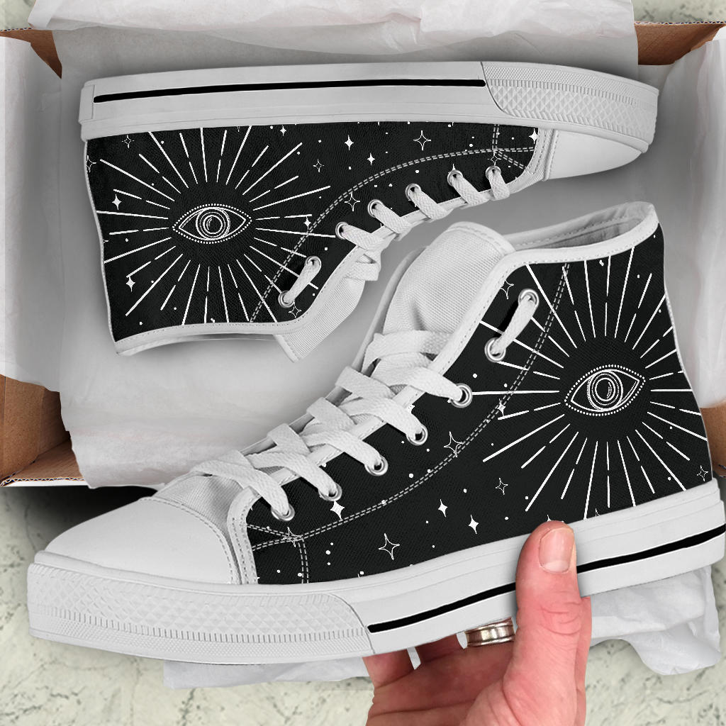 psychic eye shoes, black high top sneakers, witchy shoes'