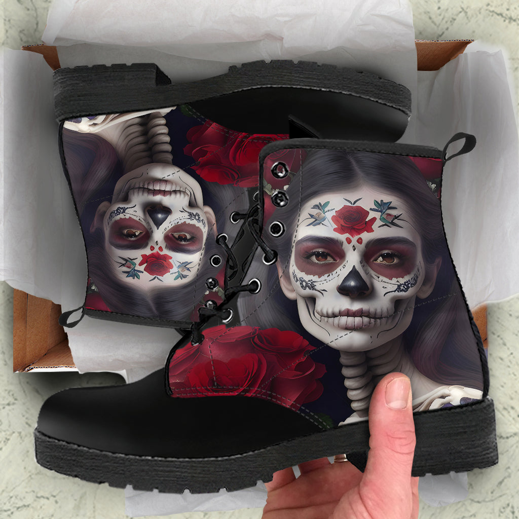 Day of the Dead Girl & Red Roses Boots, Skull and Crossbones, Combat Boots, Vegan Boots, Ankle Boots, Spooky Creepy Costume Goth Boots