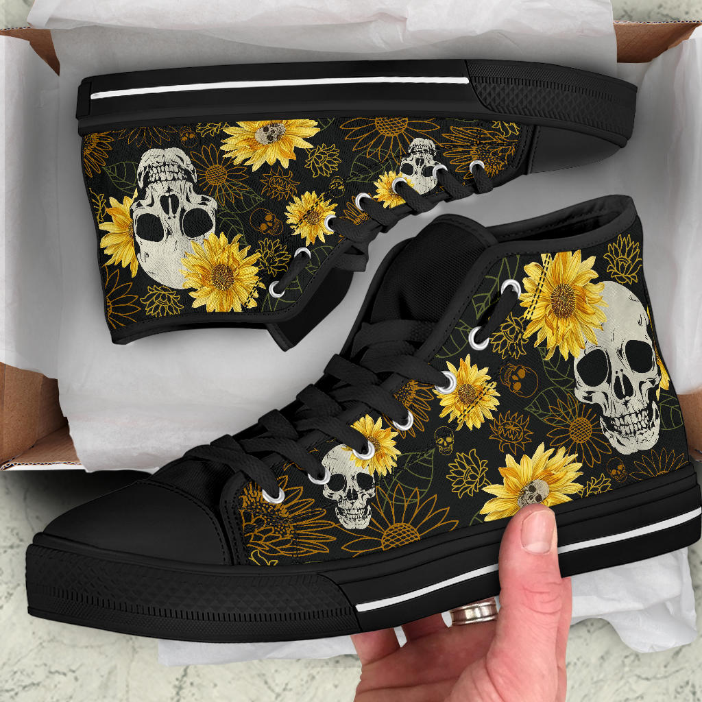 Skulls and Sunflowers Shoes, High Tops, Black Sneakers, Goth Shoes, Men's Women's Ankle Shoes, Punk Rock