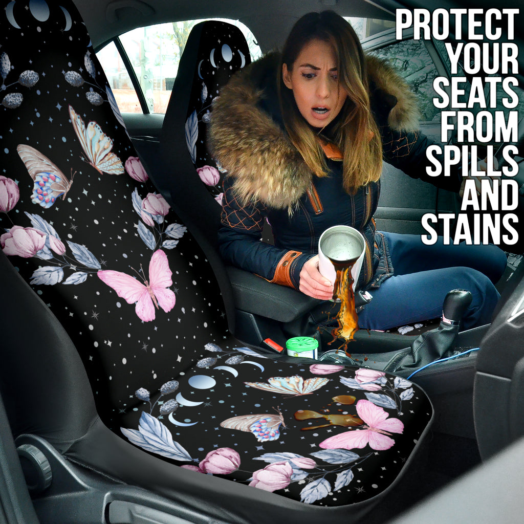 Pastel butterflies car seat covers, celestial, moon phases, witchy, blue, pink