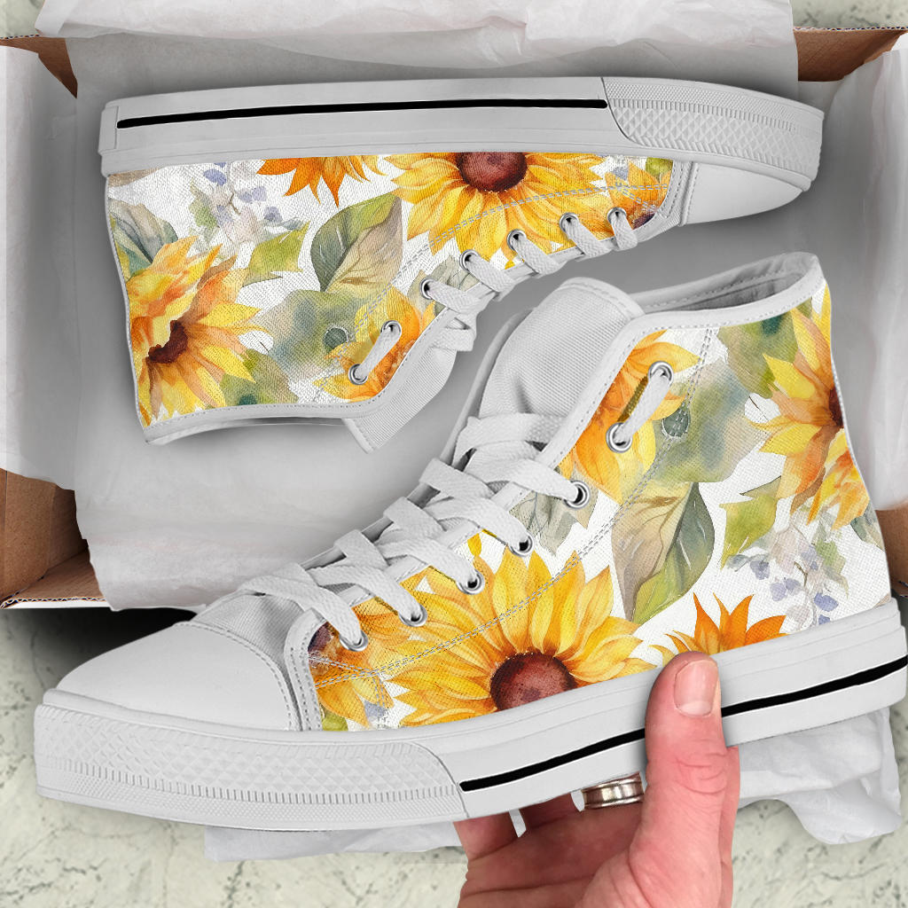 summer sneakers, sunflower high top shoes, yellow flowers