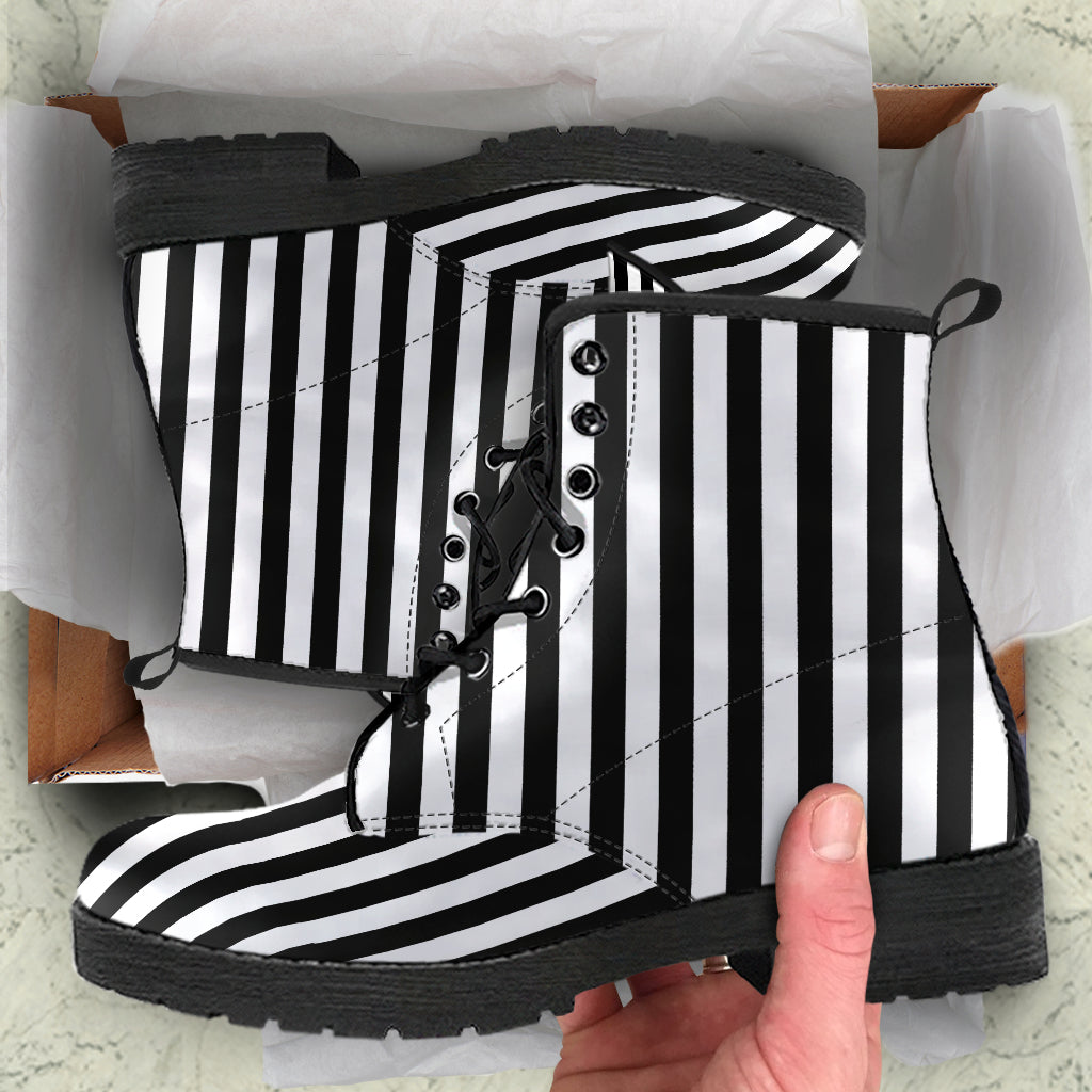 Black &White Striped Lace Up Ankle Boots