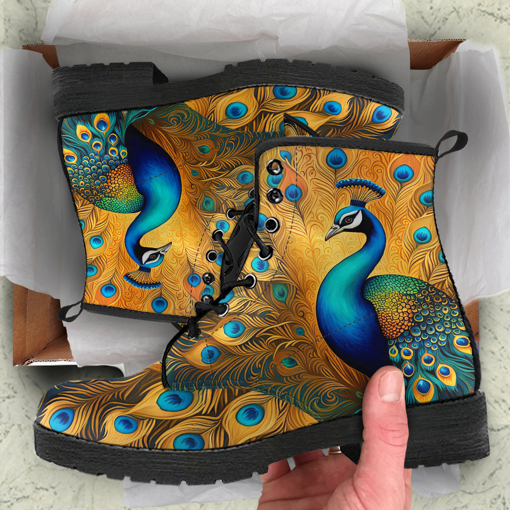 Golden Peacock Vegan Combat Boots, Design #NC009