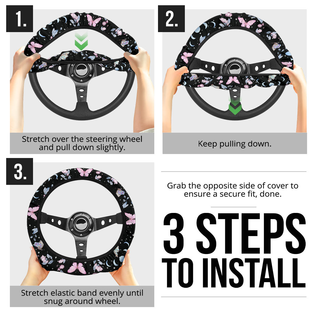 Pastel butterflies steering wheel cover, stars, moon phases