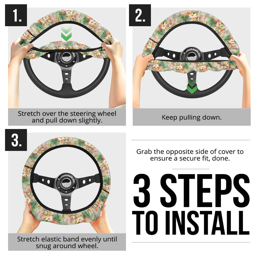 Watercolor Green Peach Floral Steering Wheel Cover