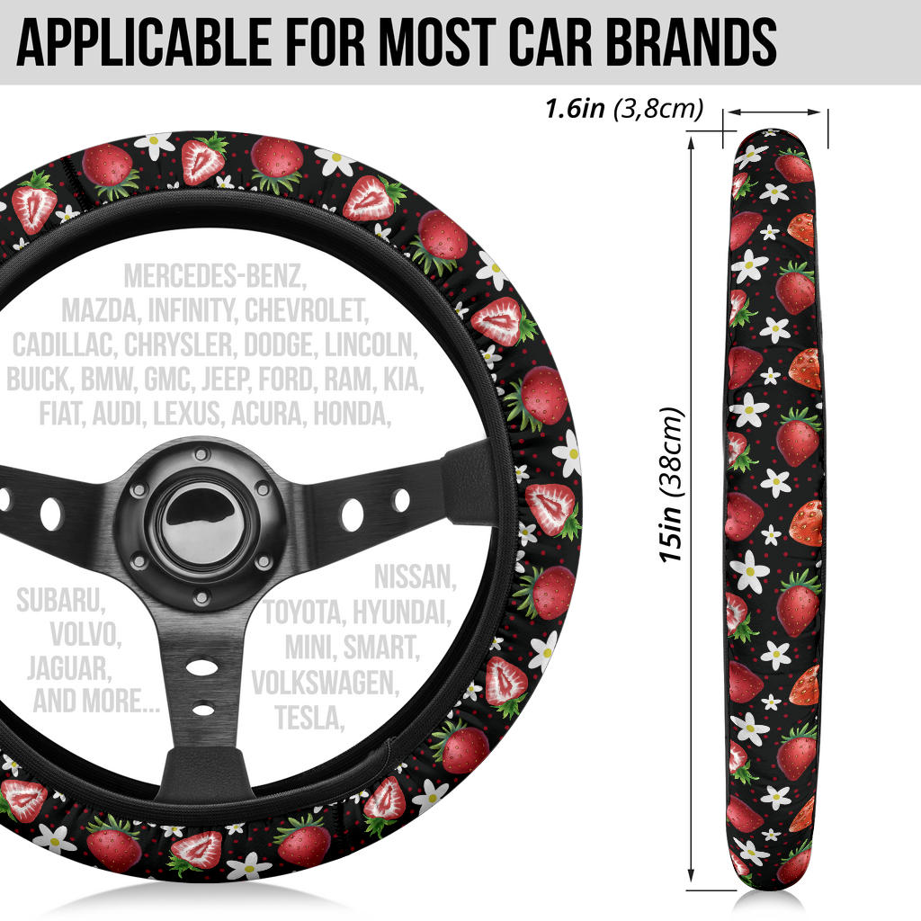 Black Strawberries Steering Wheel Cover