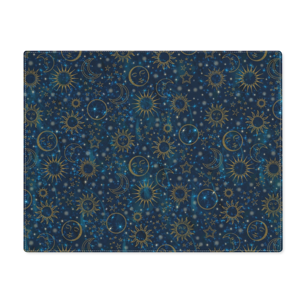 Turquoise Blue Celestial Placemat | Cotton Fabric Placemat 18 x 14 Inches | Witch Home Decor | Suns Moons Stars | Tarot Mat