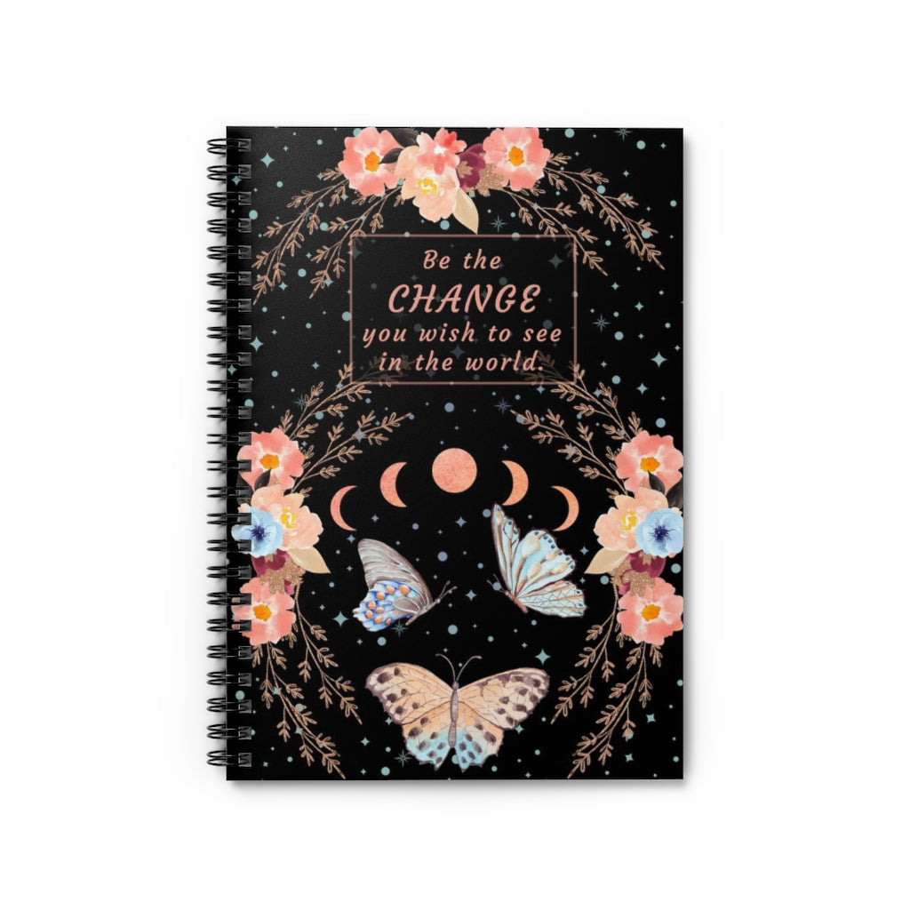 Butterfly Moon Phases - Be the Change - Spiral Notebook 8x6 - Ruled Line, Gift for Mom Peach