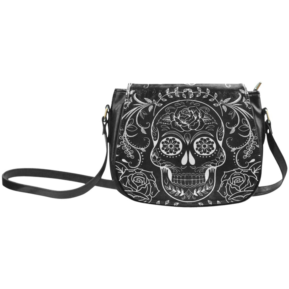 Goth Crossbody Bag | Black Sugar Skull Vegan Small or Large Saddlebag | Day Of The Dead Handbag Purse