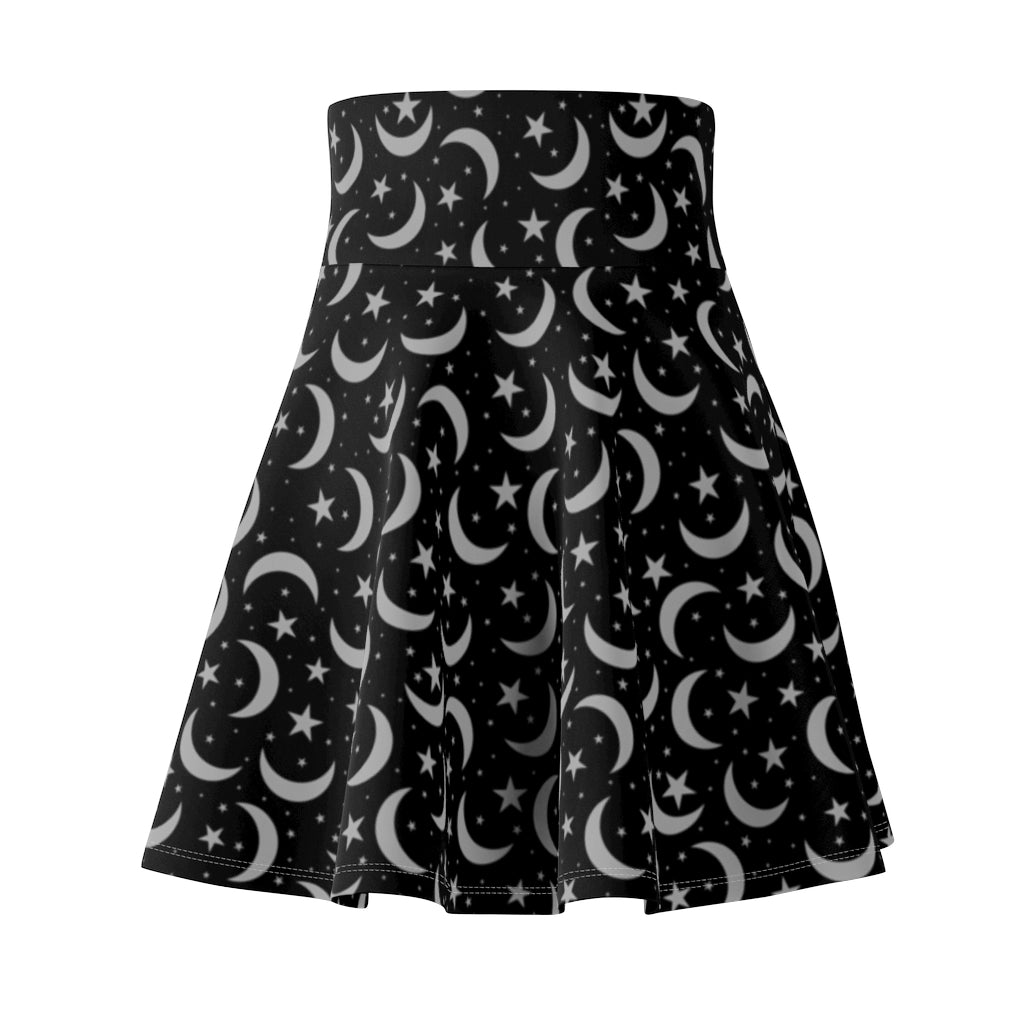 Black Lunar Women's Skater Skirt | Witch Skirt | Wicca Apparel | Witches Dress | Occult Night Sky Moon Skirt Celestial