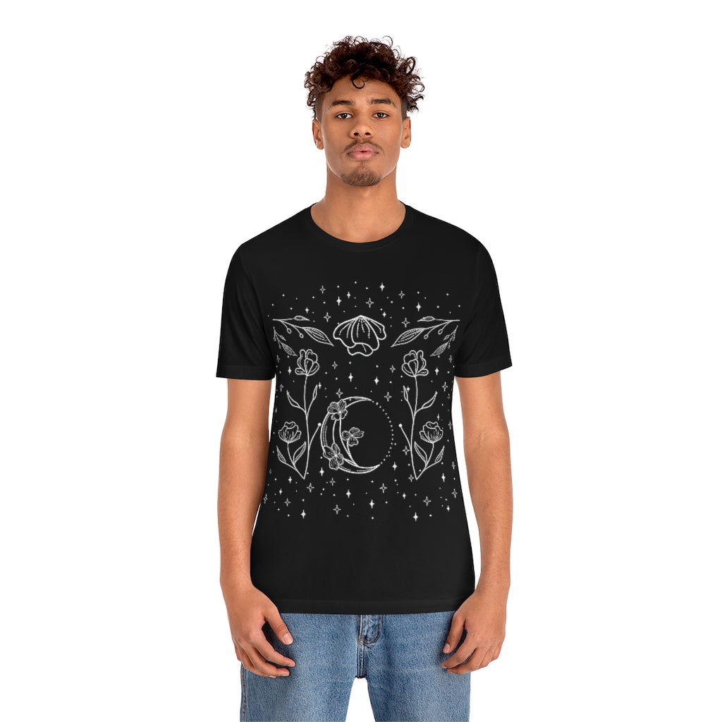Moon Floral Black Tee, Witch Shirt, Unisex Jersey Short Sleeve Tee, Womens Bella Canvas T-Shirt, Flowers Wicca Clothing Clothes