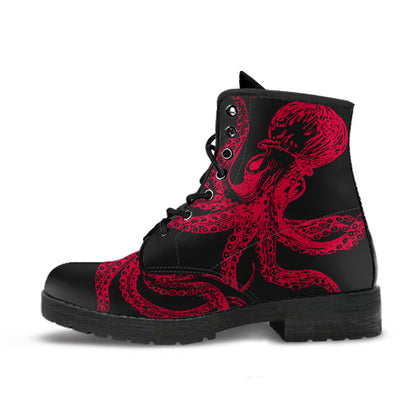 Bright red octopus boots, Goth ankle boots