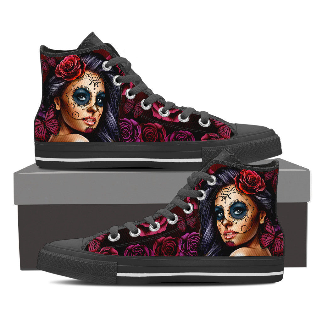 Mens Calavera Tattoo Girl Canvas High Tops (Select Size and Color)