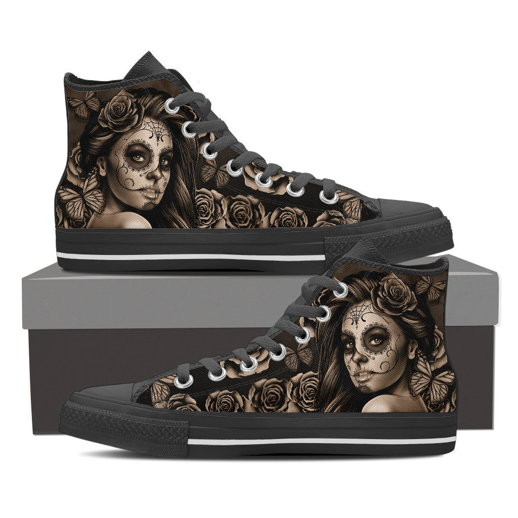 Womens Calavera Tattoo Girl Canvas High Tops (Select Size and Color)
