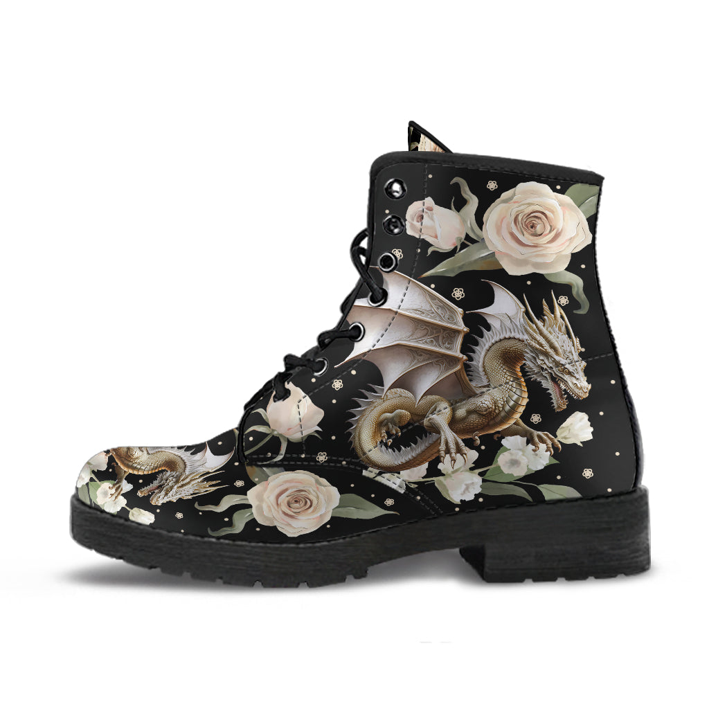 Ivory Dragon and Roses Ankle Boots