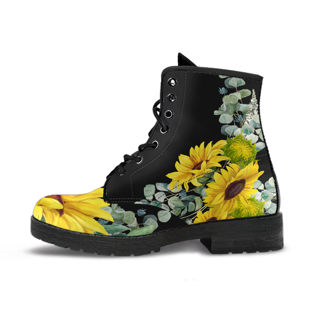 cheerful yellow sunflower boots with eucalyptus leaves, summer ankle boots