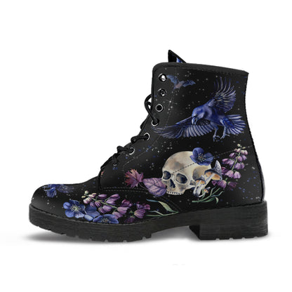 witchy Goth boots with ravens, skulls and flowers