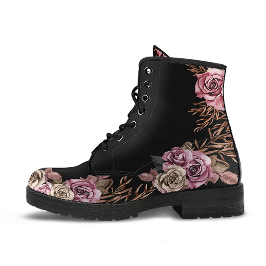 Boho cottagecore pink roses ankle boots, lace-up boots