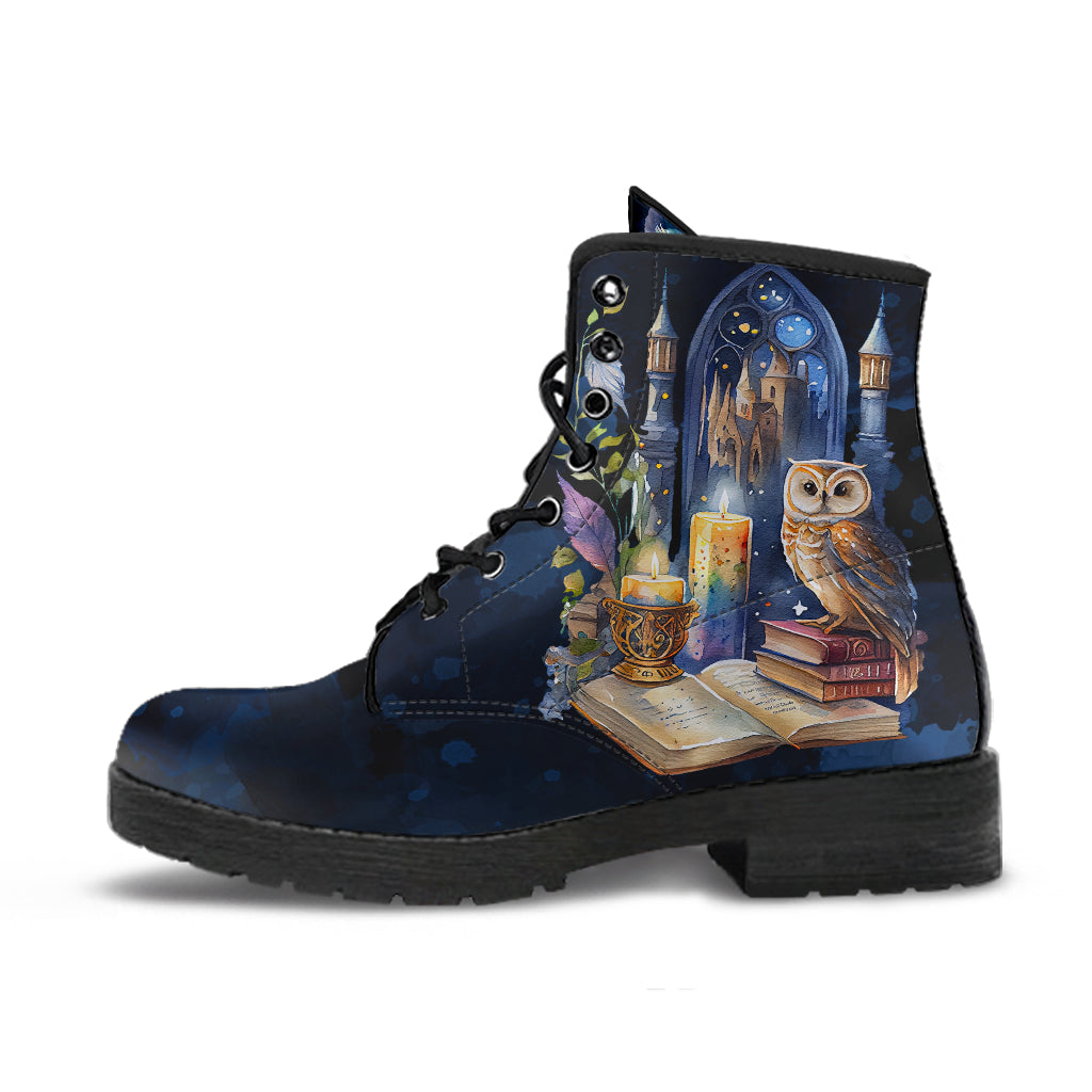 owl and books boots, academia boots, harry potter, magic boots, magical boots