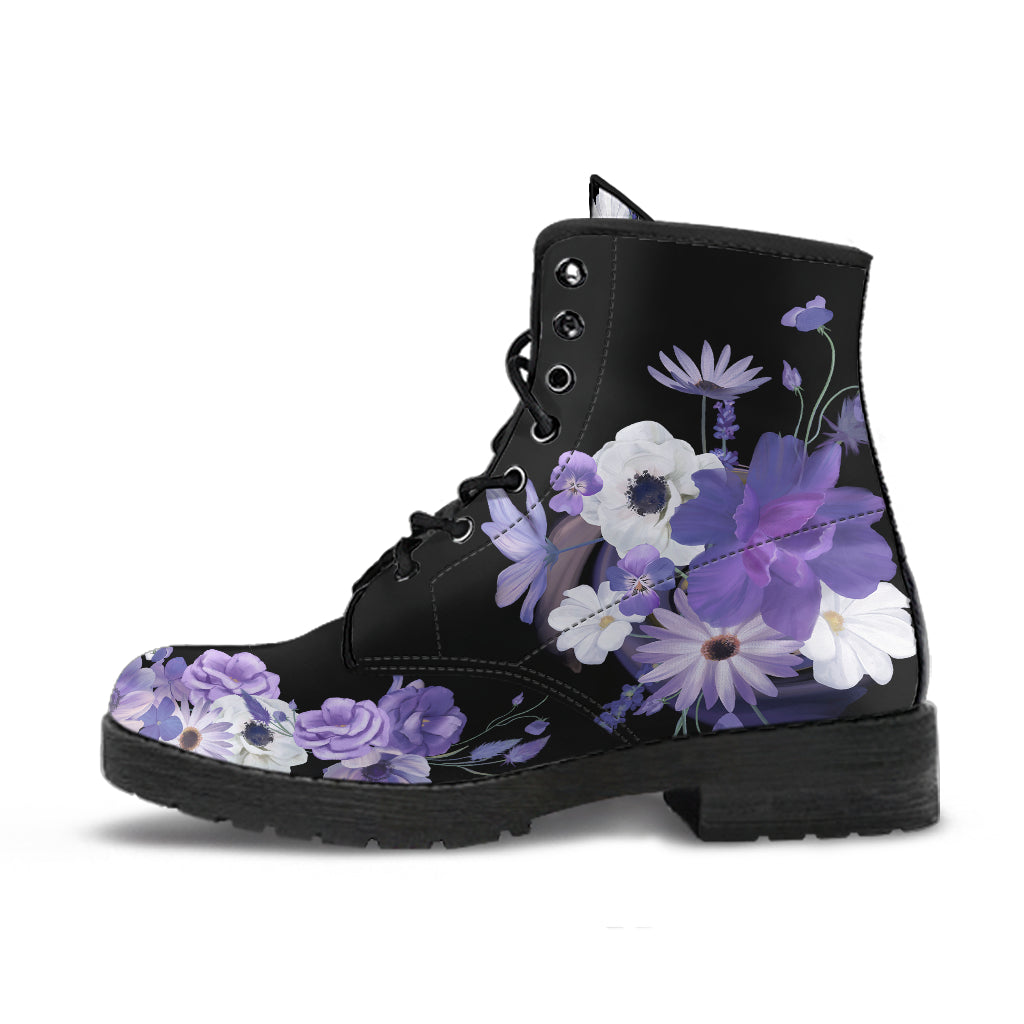 purple flowers ankle boots, lace up purple floral boots