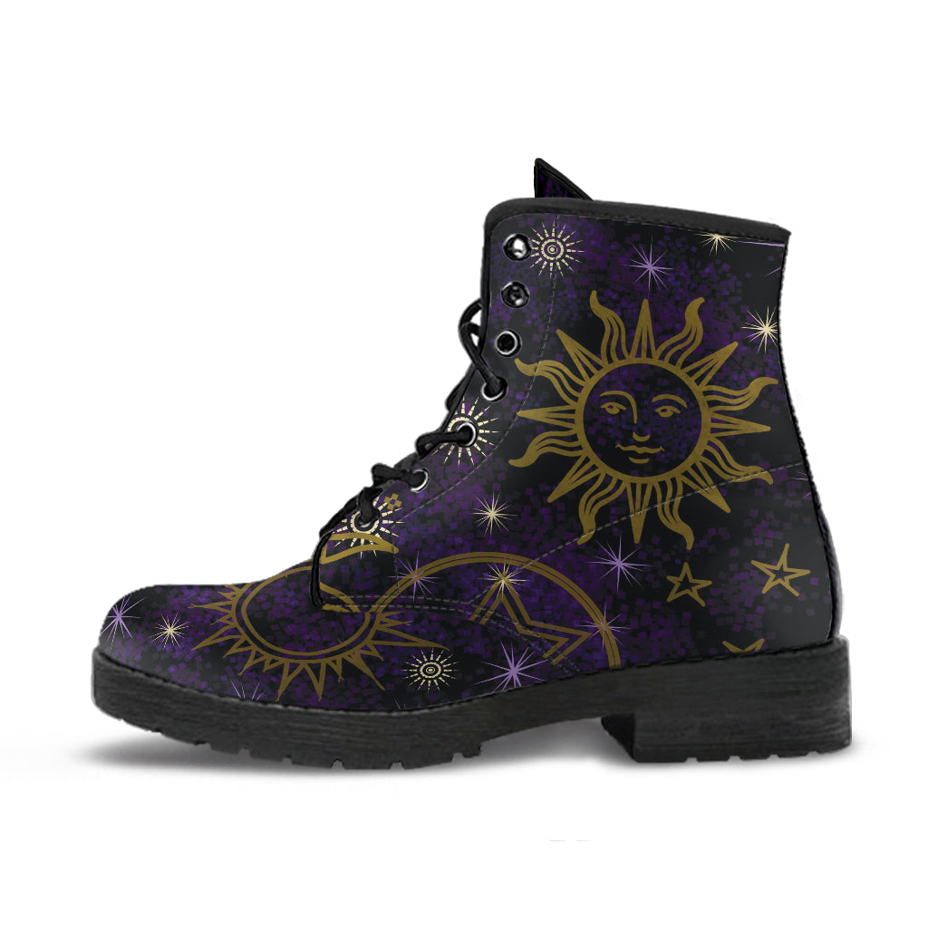 Dark purple boots, celestial boots, ankle boots, lace-up boots, witchy boots
