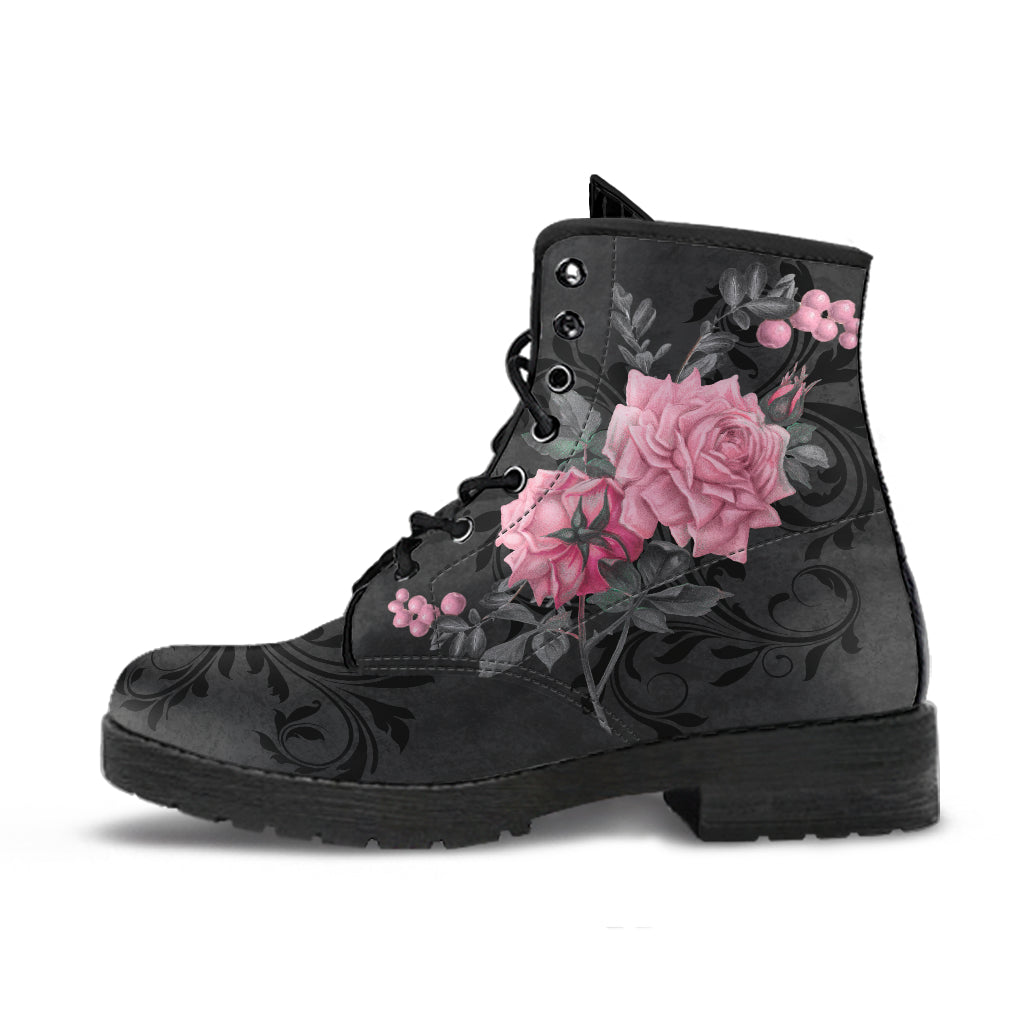 Gray Pink Roses Vegan Combat Boots