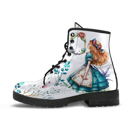 whimsical Alice in Wonderland ankle boots, white cartoon ankle boots