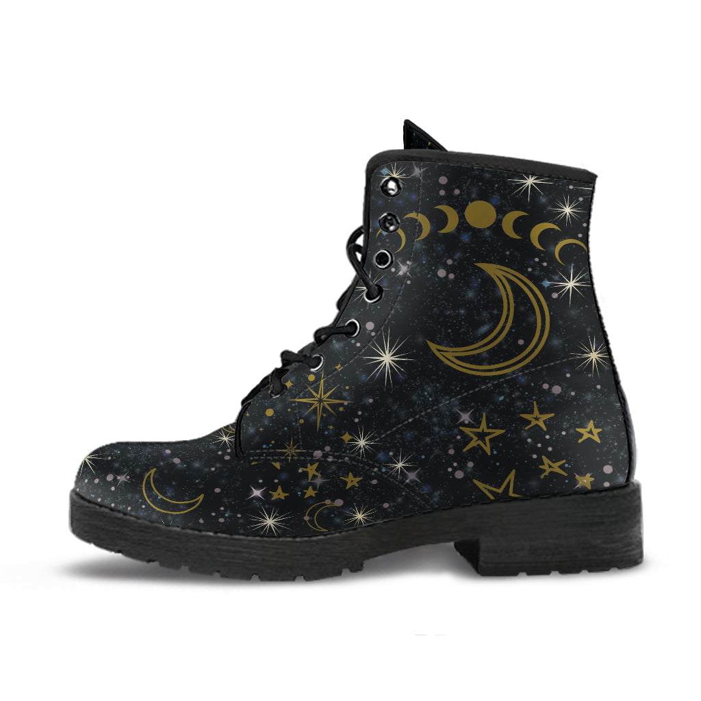 black moon boots, moon phases, witchy boots, ankle boots, vegan boots