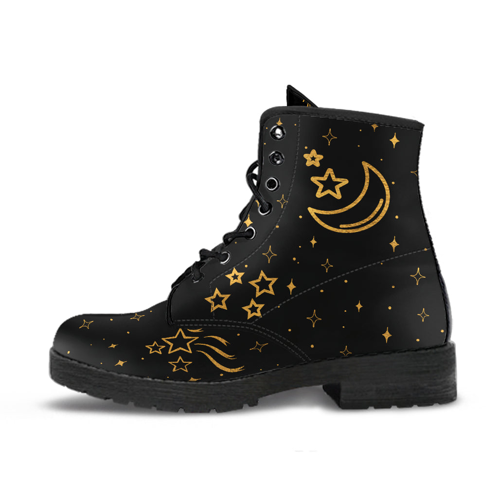 Moon and Sun Boots, Celestial Boots, Black Vegan Lace Up Boots