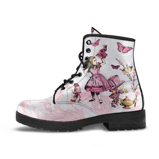 pink alice in wonderland boots, ankle boots, butterflies