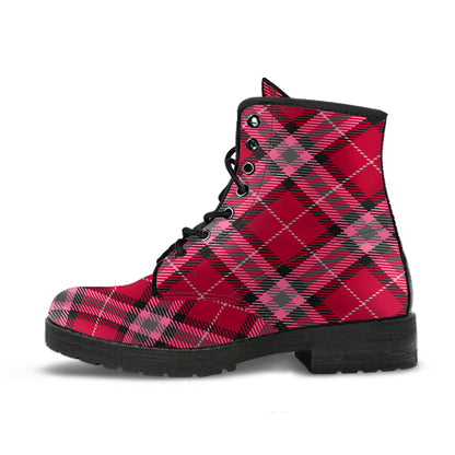 Red Pink Plaid Vegan Ankle Boots