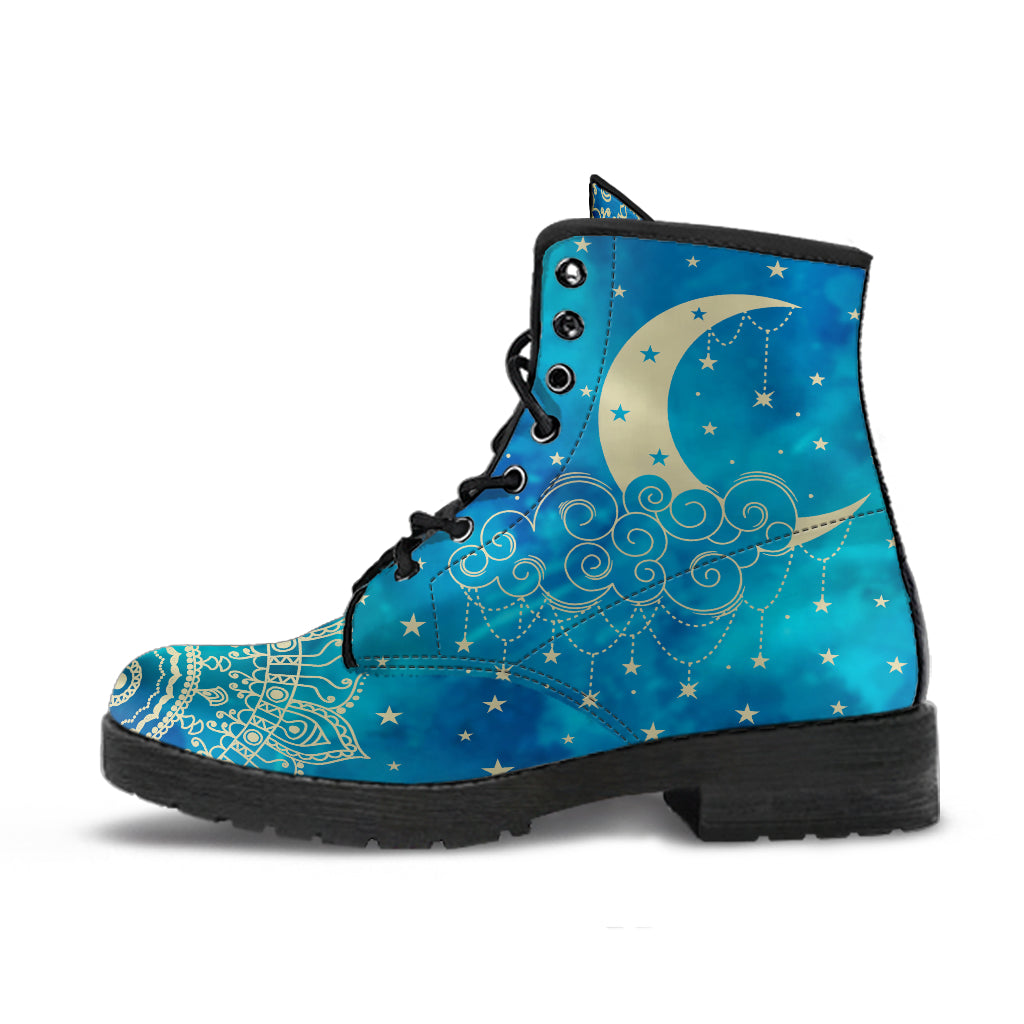 blue celestial magical moons and mandala boots