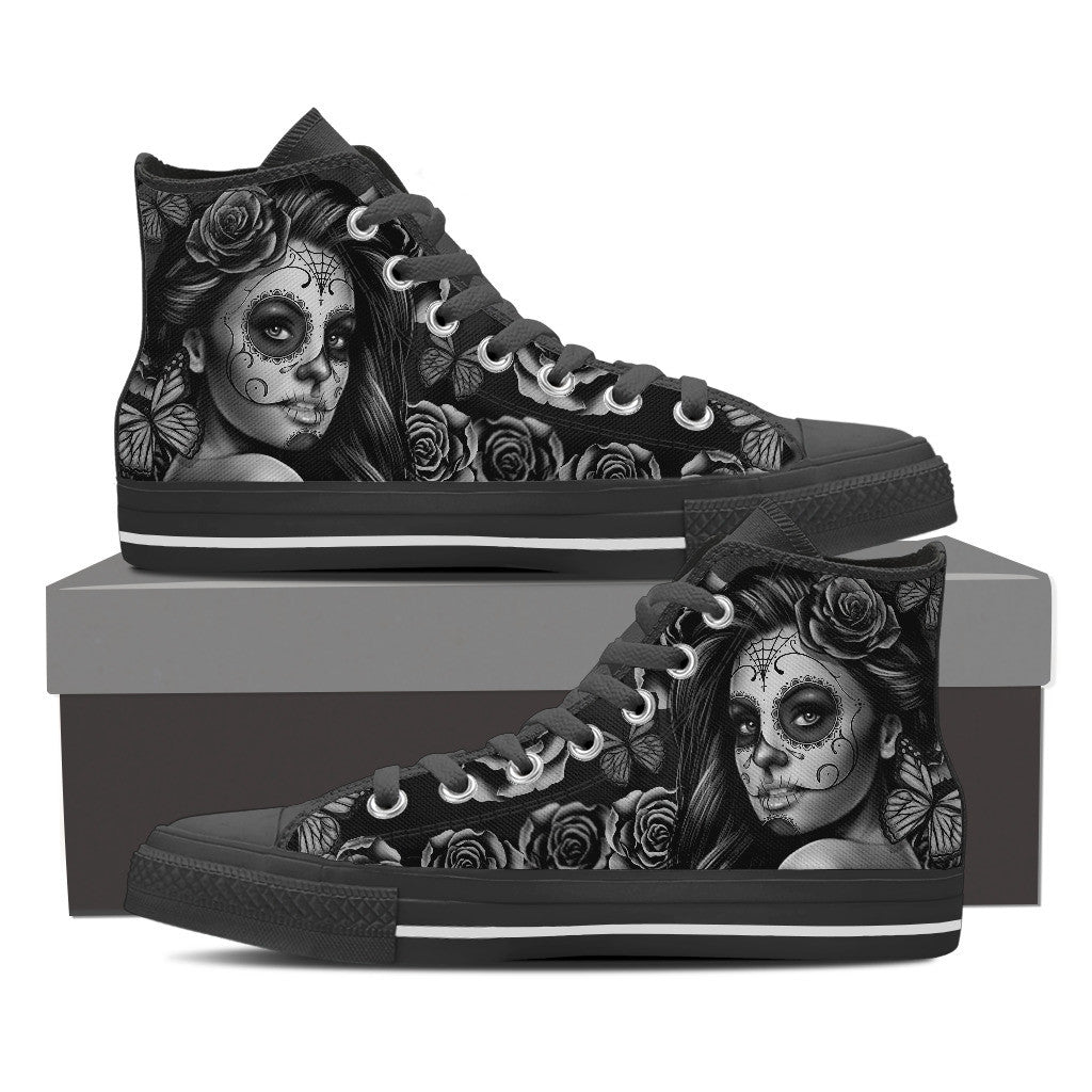 Mens Calavera Tattoo Girl Canvas High Tops (Select Size and Color)