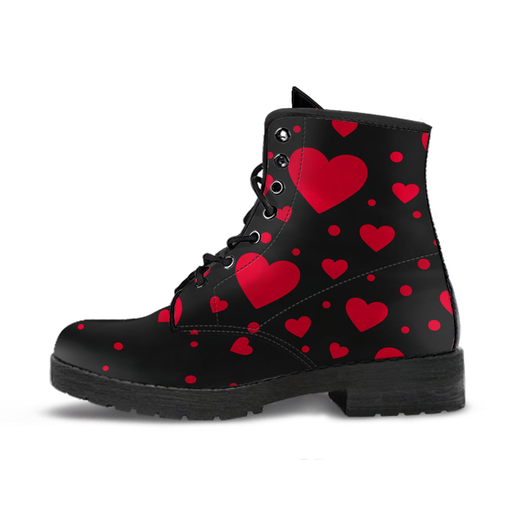 falling red hearts black ankle boots, lace up boots, vegan boots