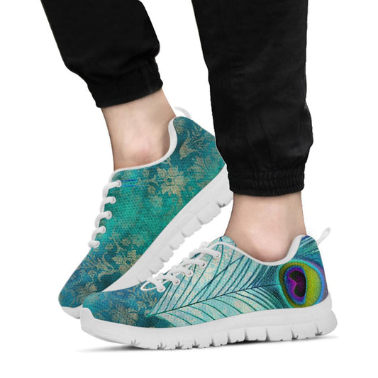 Teal Peacock Feathers White Sneakers