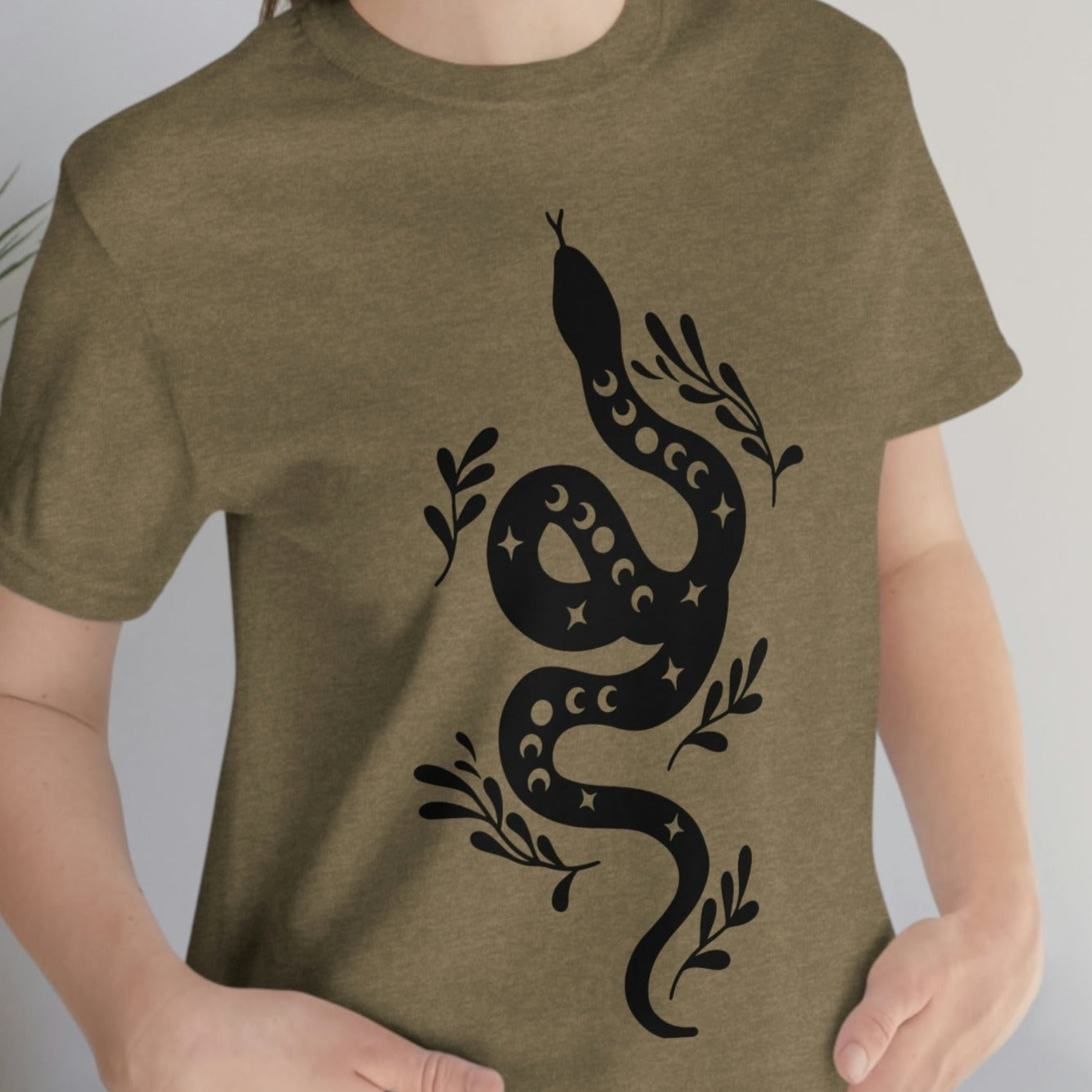 Celestial snake witchy tee for women cotton heathered olive tshirt