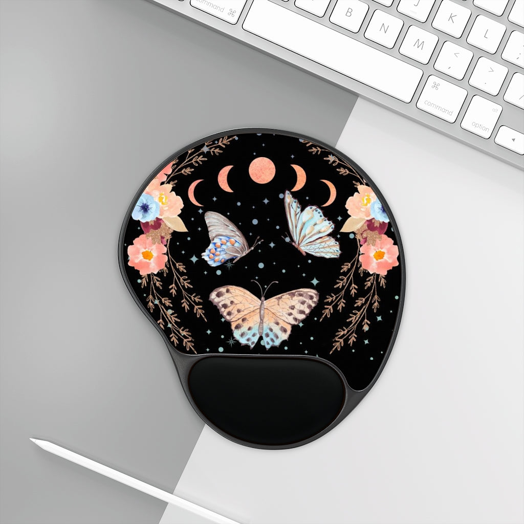 Boho Chic Butterflies and Moon Phases Mouse Pad With Wrist Rest, Peach Cottagecore Office Decor