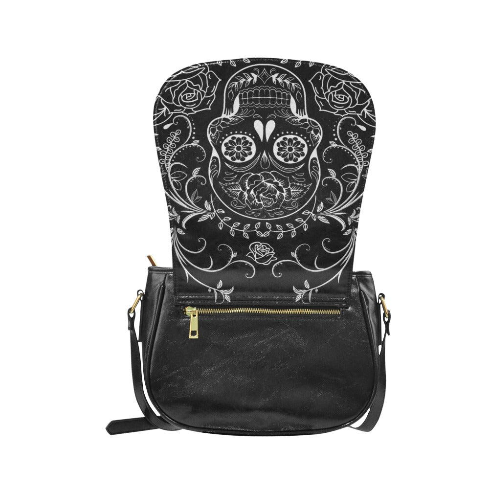 Goth Crossbody Bag | Black Sugar Skull Vegan Small or Large Saddlebag | Day Of The Dead Handbag Purse