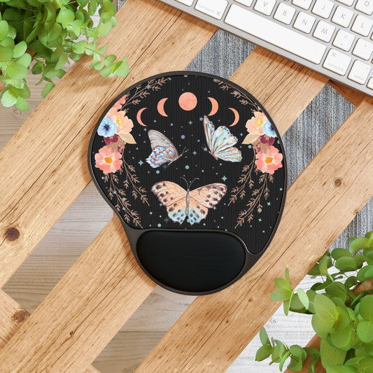 Boho Chic Butterflies and Moon Phases Mouse Pad With Wrist Rest, Peach Cottagecore Office Decor